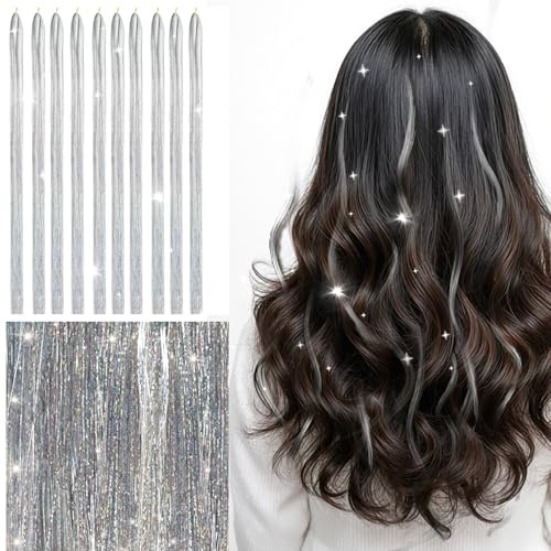 Hair Tinsel, 120cm Glitzer Haarsträhnen mit Werkzeug, 2000 Glitzersträhnen für Haare für Frauen Kinder Cosplay Party Zubehör,Haar Lametta Set, Mädchen & Kinder Haarlametta (Silber)