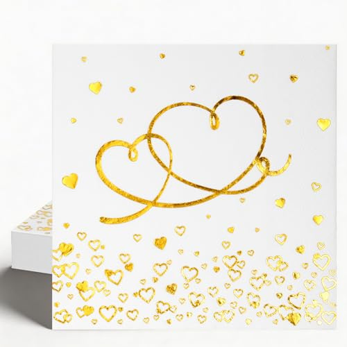 100 Stück Servietten Hochzeit Herzen, Goldfolienprägung, 33x33cm | dekorative Herz Servietten mit Goldfolienprägung für Hochzeit, Geburtstag, Party
