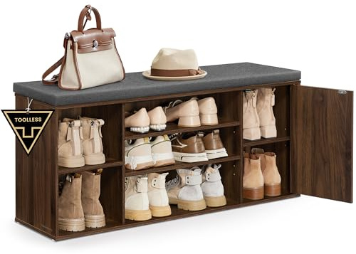 SONGMICS HOME Storage Bench, Superfast Toolless Assembly, 41 Wide Entryway Shoe Bench with Cushion & Adjustable Shelves, Shoe Rack Cabinet, Natural Walnut and Slate Gray ULHS391KE04S