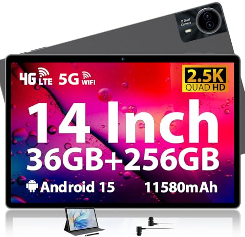 14 Inch Tablet, 2.5K Dsiplay, 36GB RAM 256GB ROM/TF 1TB, Octa-Core Gaming Tablet, 4G LTE Dual SIM + 5G WiFi, Metal Body, Android 15 Large Tablet, Quad Speakers, GPS, 11580mAh, Earphone/Case/Pen Incl.