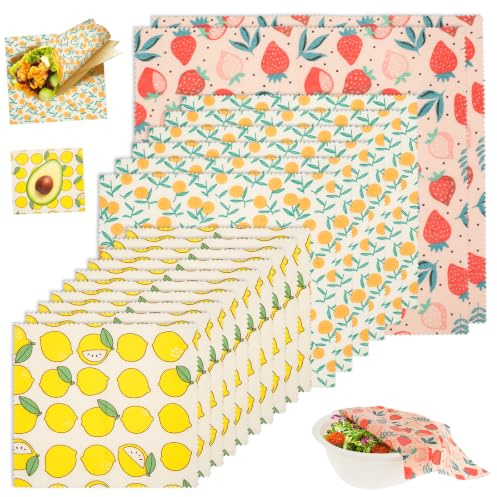 Reusable Beeswax Wraps - 18 Pack Eco-Friendly Food Wraps, Organic Sustainable Biodegradable Zero Waste Plastic Free Food Storage, Cling Film Alternative for Sandwiches and Bowls, 1 Large 3 Medium 5 Sm