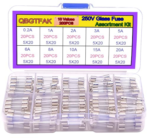200pcs Quick Blow Glass Tube Fuse Assorted Kit Amp 250V 0.2A, 1A, 2A, 3A, 5A, 6A, 8A, 10A,15A,20A 5x20mm Ted Lele (5x20mm)