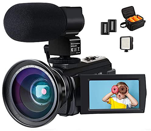 ACTITOP Videocámara 4K, cámara de Video 48 MP Full HD 1080p WiFi IR visión Nocturna 16X Zoom Digital videocámara con micrófono Externo, Lente Gran Angular, luz de Video LED y Bolsa para cámara