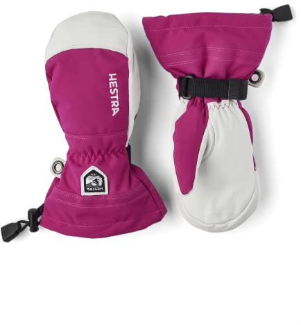 Hestra Army Leather Heli Ski Junior Mitt (Youth 4-13yrs) | Waterproof, Insulated Classic Kids Snow Mittens I Ski & Snow Play - Fuschia - 6