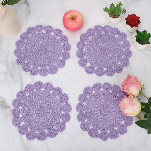 kilofly Crochet Cotton Lace Table Placemats Doilies Pack, 4pc, Purple, 7 inch