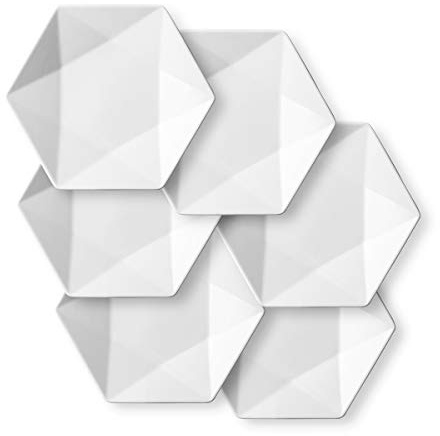 DELLING 7 Inch Appetizer Plates Set of 6, Porcelain Small Dessert Plates, White Ceramic Salad Plates for Snacks Bread Cheese Fruit, Microwave Dishwasher Oven Safe, Geometric Design