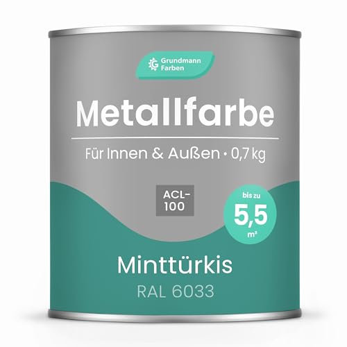 Grundmann Metallfarbe ACL 100 - Türkis Petrol 0,7 Kg - Seidenmatt - 4in1 Metallschutzlack inkl. Rostschutz und Grundierung - RAL 6033 Minttürkis
