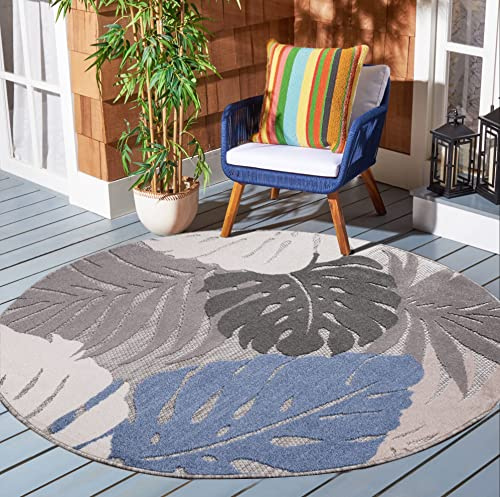 SANAT Outdoor Teppich Wetterfest - Outdoorteppiche für den Innen und Außenbereich, Balkon Teppich Wasserabweisend, Strapazierfähige Teppiche für Terrasse Garten und Wohnzimmer, Blau-Beige 120 cm Rund