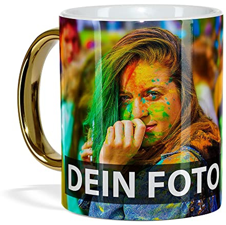 Tassendruck Fototasse mit Goldhenkel selbst gestalten - mit Foto & Text personalisieren - Geschenk zur Hochzeit, Taufe, Geburtstag - Keramik Weiß, Henkel Gold, 300ml | XXL Druck
