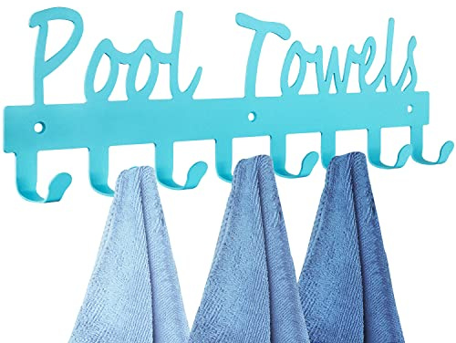 Pool Towel Rack for Bathroom Wall Mount Towel Hooks Towel Holder Carbon Steel Hanger Organizer Indoor Outdoor for Robe, Towel, Coat, Swimsuit, Umbrella, Bag, Keys(Blue)