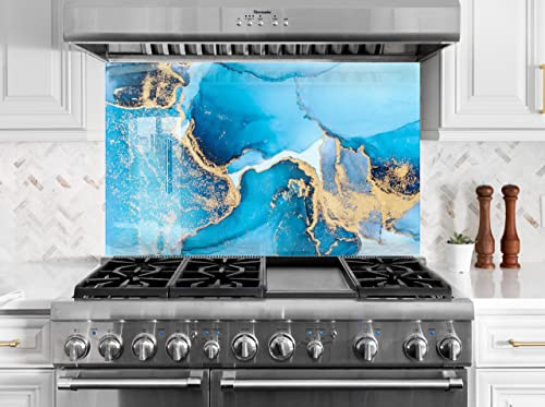 Myphotostation Tempered Glass Splashback 12x12''Navy Blue Marble Abstract Backsplash Cooker Wall Backsplash Panel Glass Splashback for Bathroom Panel Gold Marble Splashback Stove