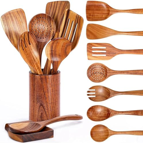 9 PCS Wooden Spoons for Cooking, Wooden Utensils for Cooking with Utensils Holder, Teak Wooden Kitchen Utensils Set