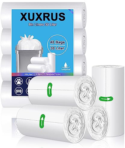XUXRUS 30L Bin Liners, Clear Plastic Bags for Kitchen, Leak-Proof, 40 Count | Swing Bin Liners, Strong and Durable, Odourless, Plastic Construction for Reliable Waste Disposal