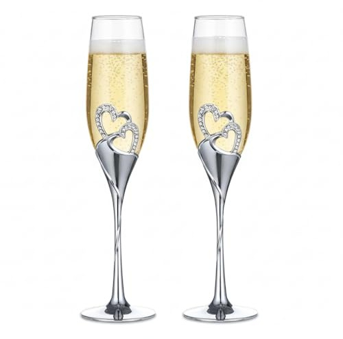 ukgiftstoreonline Double Heart Wedding Champagne Flute with Sparkling Crystals