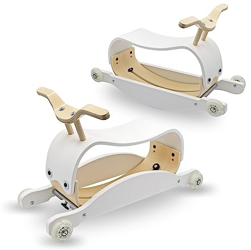 Mamabrum, silla mecedora y asiento de madera para niños - 2 en 1, ligera 3,5 kg, asiento perfilado, estilo sencillo, ruedas de goma, silenciosa, estante en el medio mecedora para bebé