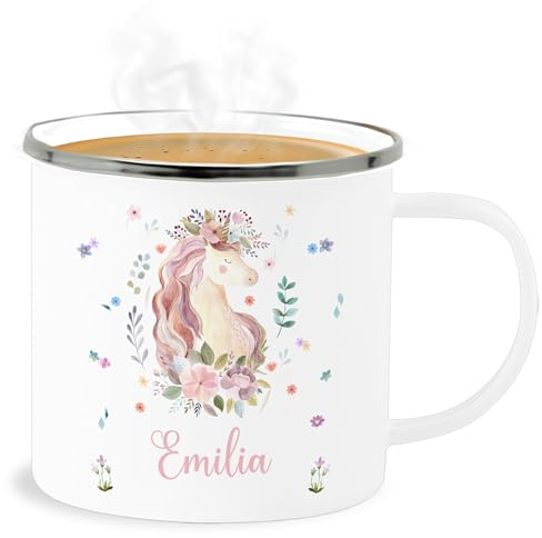 Emaille Becher Blechbecher - Einhorn Geschenke mit Name personalisiert I Geschenke Einhörner - 300 ml - Weiß Silber - enamel cup unicorn unicorns trinkbecher personalisierte kinder einhörnern