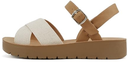 Soda CHESTER ~ Women Flat Sandals Flatform Ankle Buckle Criss Cross Band Straps Sandals Shoes (Beige Canvas/Tan, 7.5)