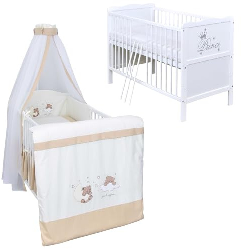 Babybett Komplett Set Max Prince 60x120 weiß Kinderbett umbaubar zum Juniorbett inkl. Bettwäsche Set Komplett (Traumland beige)