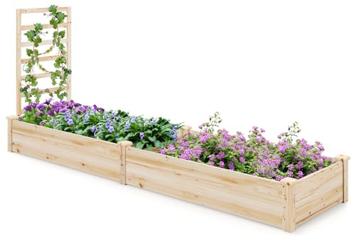 COSTWAY Fioriera da Esterno e Traliccio, Letto Rialzato in Legno per Fiori, Erbe, Verdure, Frutta e Viti Rampicanti, Aiuola Elevata da Giardino con Spalliera, 235CM x 63CM x 102CM (Naturale)