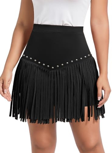 Ella Lust Womens Western Cowgirl Fringe Skirt - Country Concert Outfit Rodeo Tassel Booty Pole Dance Rave Festival Bottoms(Black,XS,11163r)