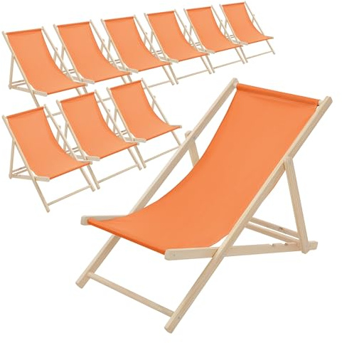 ECD Germany 10er Set Liegestuhl klappbar, Orange, aus Holz, Sonnenliege mit 3-Fach Verstellbarer Rückenlehne, Strandliege bis 120 kg, Gartenliege, Strandstuhl, Relaxliege für Garten Balkon Terrasse