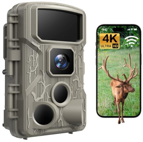 KJK 4K 64MP Wildkamera WLAN, Wildtierkamera mit Nachtsicht, 0.05s Auslöser Bewegungsaktiviert, IP67 Wasserdicht 100ft 130° Weitwinkel 45 Stücks Infrarot-LEDs ohne Glühen