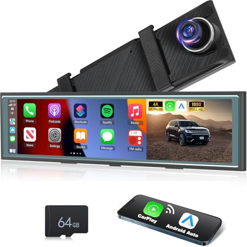NHOPEEW 10,99 Zoll Rückspiegel mit 4K Frontkamera - Wireless CarPlay & Android Auto - Unterstützung Mirror Link FM Übertragung Nachtsicht WiFi Verbindung
