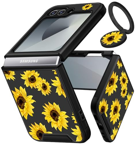 VincitoreModa for Samsung Galaxy Z Flip 6 Case - [2in1] Women Cute Girls Sunflower Phone Cover Ring Holder Stand Girly Aesthetic Unique Fashion Slide Camera Cover Design for Samsung Z Flip 6 Case