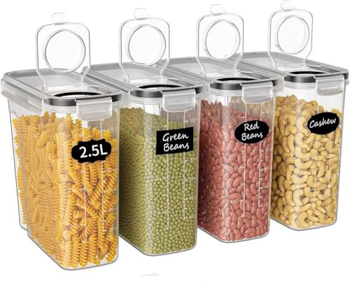 BSTMOME Set of 4 Airtight Cereal Container Set, Food Storage Box, Cereal & Dry Food Storage Keeper, Leak-Proof & BPA Free, Great for Cereal, Flour, Sugar, Nuts, Baking Supplies - 2.5L
