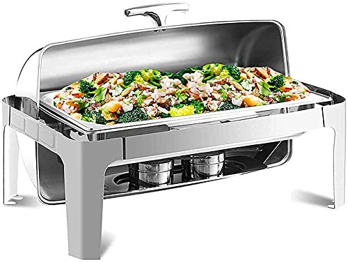 MXFKLJ Chafing Dish in voller Größe mit Rolldeckel, 9 l Edelstahl-Speisenwärmer-Chafer-Set mit Lebensmittelpfanne, Wasserpfanne und Brennstoffhaltern für Partys, Buffets (glänzendes Silber)