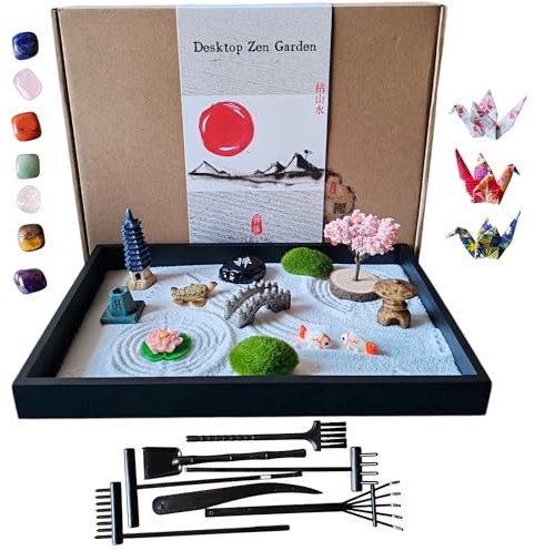 ZEN&TAO Classic Desktop Zen Garden with Abundant (Over 20) Accessories Sitting in Large Black Original Wood Tray and 7pcs Toolset Encased in Metal Box (CHAKRA GEMSTONES)