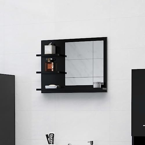 Myheimly Badspiegel, Wandschrank für Badezimmer, Badezimmerspiegel mit 3 Ablagen, Spiegel Schminkspiegel Bad Badmöbel, Holzwerkstoff Badspiegel,Schwarz