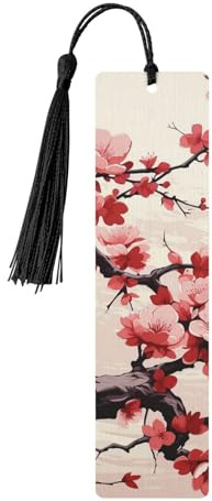 Japanische florale Kirschblüten-Holz-Lesezeichen mit schwarzen Quasten, handgefertigt, doppelseitig bedruckt, Lesezeichen, Seitenmarkierungen, Buchzubehör, Geschenk für Buchliebhaber, Frauen, Männer
