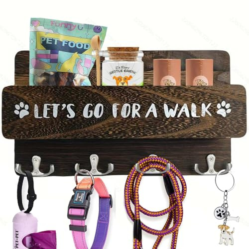 Niciksty Hundegarderobe mit Ablage, Hundeleinenhalter Wand, Braun | Wandhalterung für Hundeleinen & Zubehör mit 4 Haken, für Ordnen von Leinen und Zubehör für Flur, Eingangsbereich