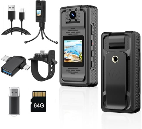 LX-VIECKDUN 2K 1440P Body Camera, 64GB HD Police Wearable Camera with Night Vision, 1.3 Screen, Audio Recording, Mini Body-Worn Cam for Security, Sports, Outdoor Action (Black)