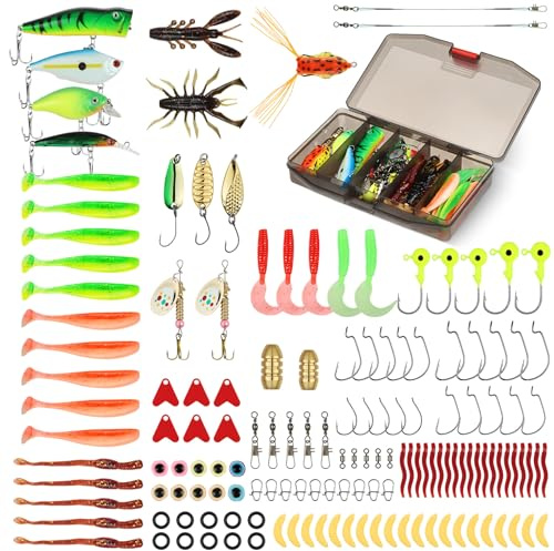 Vicloon Leurres de Pêche Kit, 147Pcs Appât Flottante Set Appât de Pêche, Plastique vers, Cadeau de Pêche, Leurres Durs, Leurres Souples, Paillettes, Emerillons, Souples Pêche Jigs Crochets
