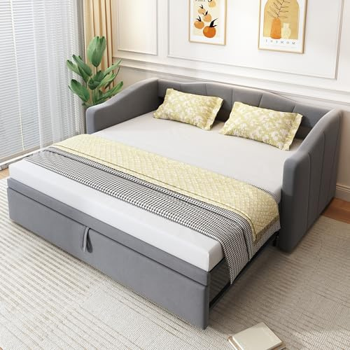 Generisch TOBIDOEN Ausziehbares Schlafsofa 90/180 * 200 cm mit Lattenrosten, Polsterbett mit Ausziehbett Gleiche Höhe, Sofa Bett Ausziehbar zum Doppelbett, Samtstoff, Grau