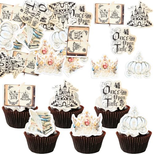 Ephlyn 54Pcs Edible Once Upon A Time Birthday Cupcake Toppers Wafer Paper Fairytale Book Party Castle Opening Magic Book Cupcake Picks for Princess Party Cake Decoration Supplies Gold