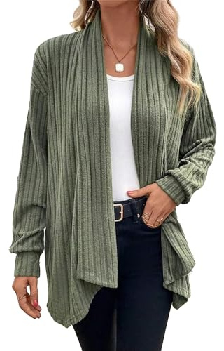 Chicrise Cardigan Donna Autunno Leggero Spolverino Manica Lunga Casuale Maglioncin Largo Orlo Volante VerdeMilitare Grande 42-44 L