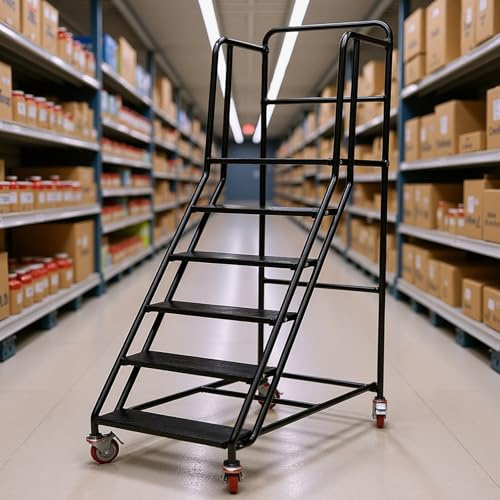 6-Steps Rolling Stairs with Wheels, Rolling Steps Ladder Industrial Warehouse Mobile Stairs, Non Slip Factory Pickup Shelf, Supermarket Climbing Ladder for Garage, Library (black, 6 Steps)