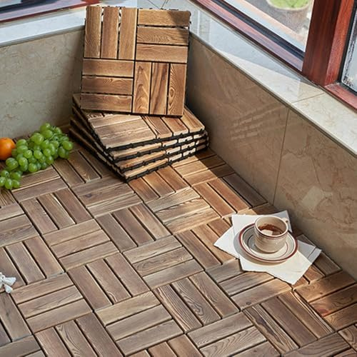 Baldosas cuadradas de Madera entrelazadas for terrazas de Patio, Pisos de Madera Maciza cortables for Exteriores, losas de pavimentación for Todo Tipo de Clima, con Respaldo de plástico(10pcs)