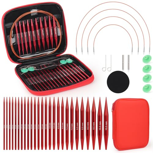 Coopay Auswechselbare Rundstricknadeln Set, 3,0-10,0 mm Stricknadeln Set Austauschbar, Stricknadeln Rundstricknadel mit Aufbewahrungstasche, 13 Paar Aluminium Austauschbare Rundstricknadeln, Rot
