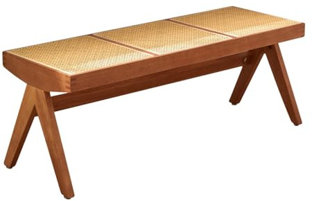 Banco de comedor de madera maciza de 54.3 pulgadas, color cerezo, muebles de entrada y sala de estar, asiento de ratán tejido de PVC y elegante para comedor, decoración perfecta para el hogar