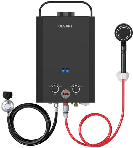 OEVANT Propane Water Heater, 1.58GPM 6L Portable Tankless Water Heater with Handle & Overheating Protection, Propane Gas, Instant Hot Water for RV Camping, Outdoor Shower (BLACK)