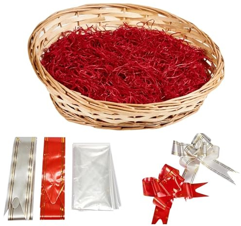 ALAYSTAR Premium Wicker Gift Hamper Basket Kit Create Your Own Festive Present Includes Cellophane Bag Ribbon Wood Wool Reusable Oval White Basket Christmas Birthday Baby Showers (NATURAL)