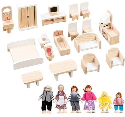 Pineeseatile Puppenhausmöbel, Puppenhaus-Möbelset aus Holz mit 6 Familienpuppen, 5 Zimmern, DIY-Lernzubehör für Kinder ab 3 Jahren, Stil 1