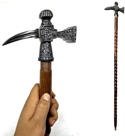 Maritime Treasures Axe Head Walking Stick – Wooden Detachable Cane with Brass Tool Handle, Vintage Style Mobility Aid, Heavy Duty Walking Cane