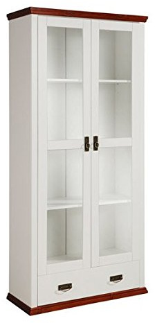 clever-moebel Glasvitrine, Weiß/Kirschbaumfarben, 88x37x190 cm | Vitrinenschrank, Kiefernholz, Lackiert, Wohnzimmer-Schrank