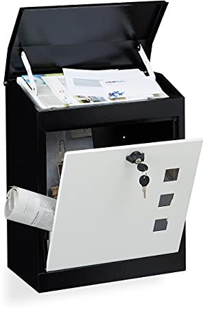 Relaxdays Briefkasten groß, Stahl, Sicherheits-Klappe, Schloss, HxBxT: 53 x 43,5 x 26 cm, Wandbriefkasten, Schwarz-Weiß