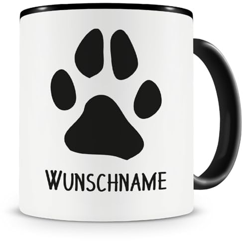 Samunshi® Pfote mit Name personalisierbar Hund Katze Tasse Kaffeetasse Teetasse Kaffeepott Kaffeebecher Becher 300ml schwarz